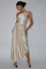 Brooklynn One-Shoulder Accordion Pleat Dress Champagne