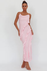 Panama Bay Ruffle Trim Cowl Neck Maxi Dress Pink