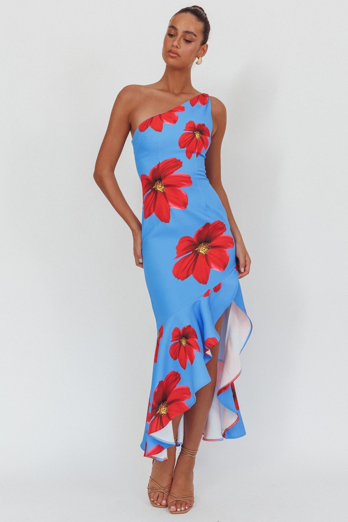 Lights On One-Shoulder Ruffle Hem Maxi Dress Floral Blue