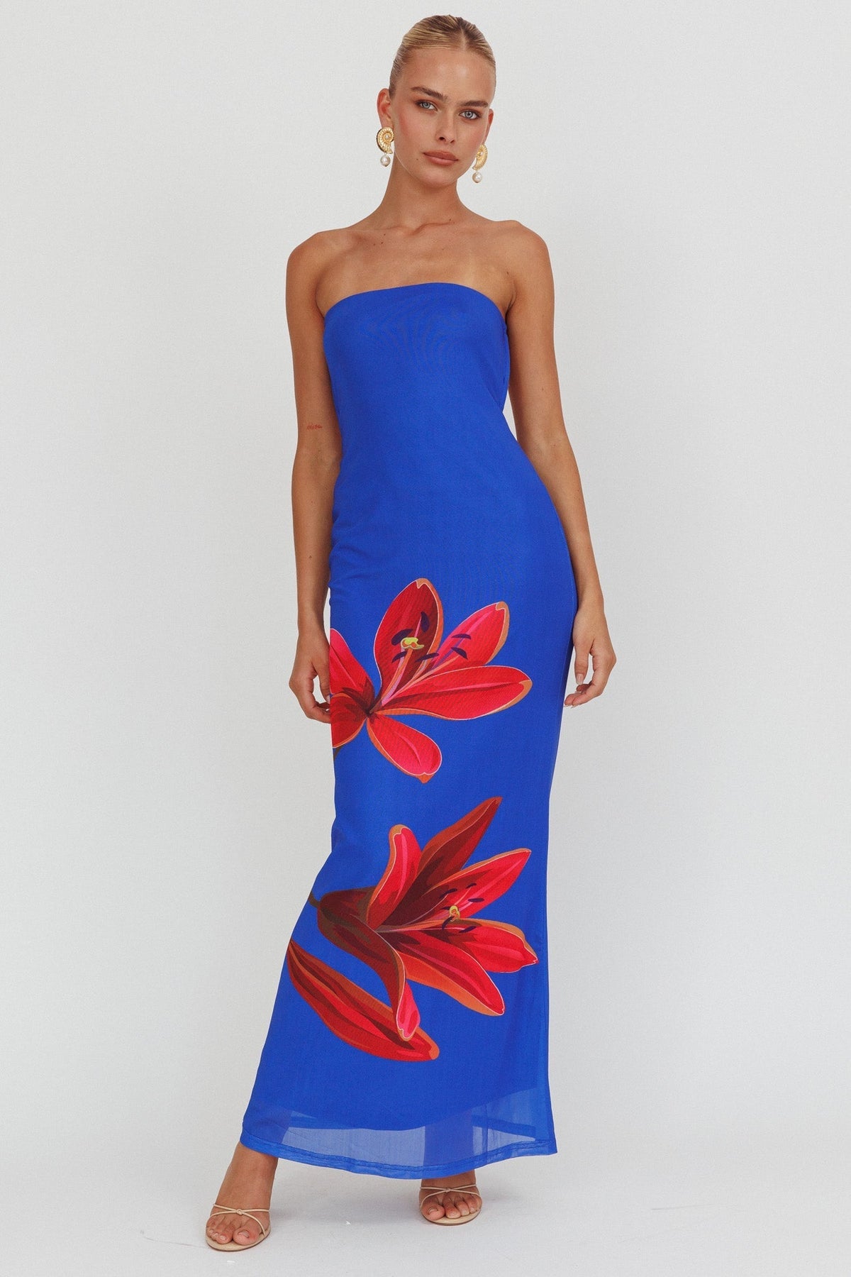 Iridian Strapless Floral Maxi Dress Blue