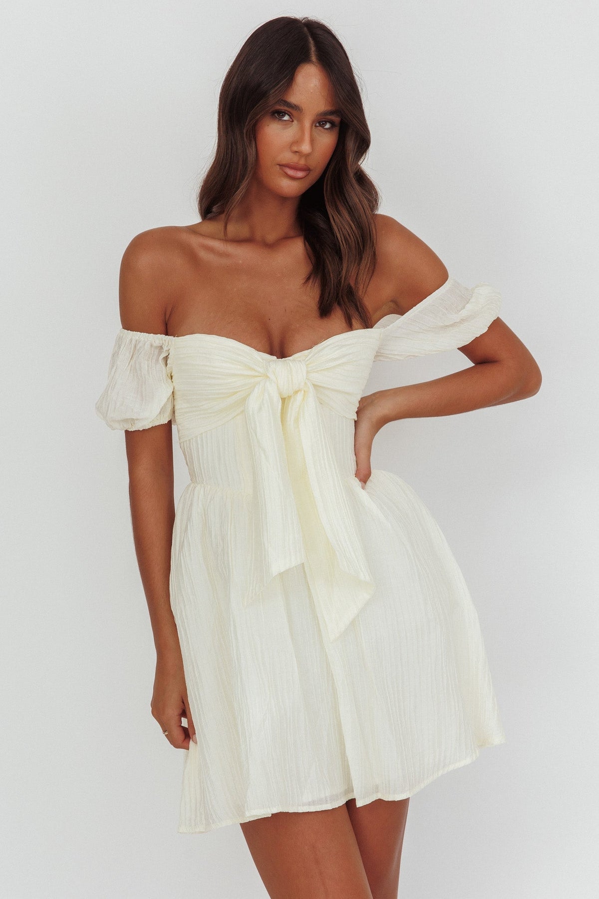 Perfect Worlds Off-Shoulder Mini Dress Textured Ivory