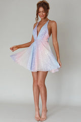 Floating By Plunging Neckline Mini Dress Sequin Rainbow