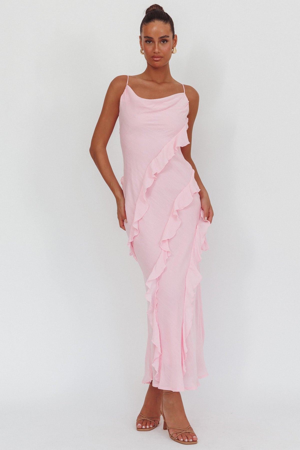 Panama Bay Ruffle Trim Cowl Neck Maxi Dress Pink