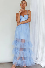Moonlight Sonata Ruffle Mesh Maxi Dress Sky Blue